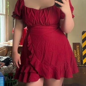 Red Puff-Sleeve Ruffle Wrap Dress